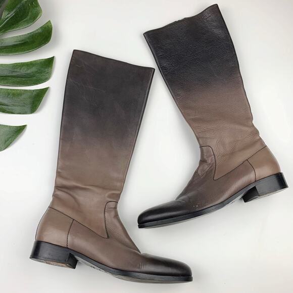 Prada Tall Riding Boots Brown Black Ombre Leather Zipper Women's 37 US 7 - Picture 1 of 16